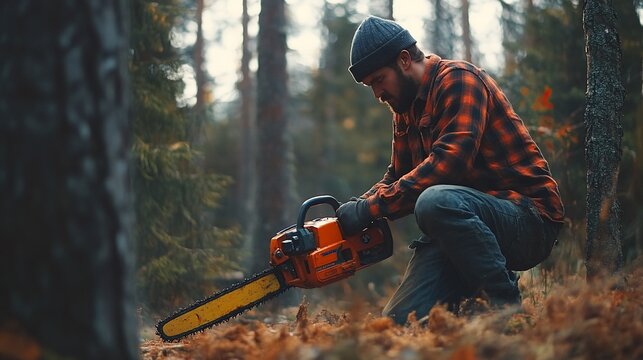 Lumberjack in Plaid Shirt Prepping Chainsaw in Autumnal Forest.