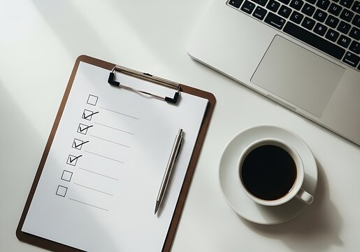 Aesthetic checklist for professional productivity with laptop and coffee in a modern work setting, perfect for business planning and organization