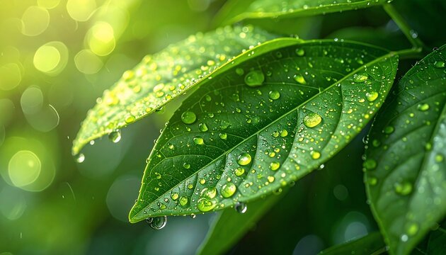 Lush green leaves with water droplets with vibrant nature background, and bokeh. - Powered by Adobe