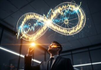 Visionary businessman charts financial future with digital data, shaping strategic growth with modern technology and data analytics for success