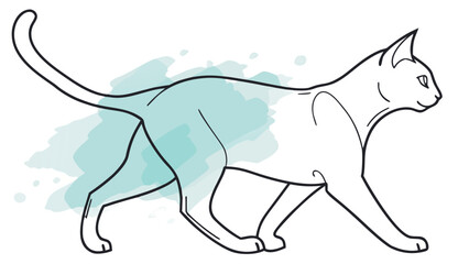 Obraz premium Stylized cat walking with watercolor splash on body in black outline on a white background art