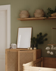 Festive poster frame mockup, cozy green nursery decorated for Christmas, 3d render
