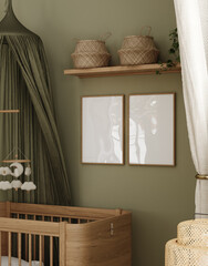 Festive poster frame mockup, cozy green nursery decorated for Christmas, 3d render