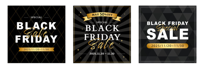 ブラックフライデーPOPデザイン 3点セット
(黒×金・シック・販促バナー/SNS・店頭向け)