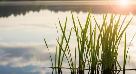 Obraz premium Lakeside Serenity Reeds reflecting sky at sunrise.