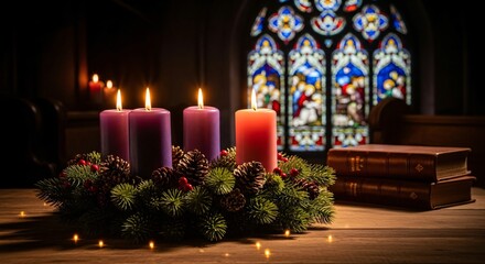 Advent Sunday Wreath Candles Lit in Church Celebrating Hope and Christmas Tradition