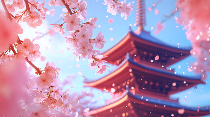 Cherry blossoms in full bloom with a traditional pagoda backdrop. Cherry blossom festival celebrating spring with a pagoda and blooming flowers