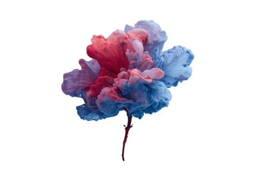 Vibrant abstract flower-like form of swirling red and blue ink against a black background - Powered by Adobe