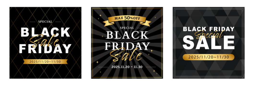 ブラックフライデーPOPデザイン 3点セット
（黒&times;金・シック・販促バナー／SNS・店頭向け）