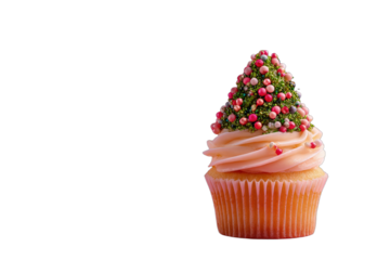 Festive cupcake featuring pink frosting, a green tree-shaped sprinkle topping, on black