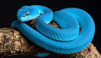 Fototapeta premium Stunning Blue Viper with Coiled on Branch, Exotic Wildlife, and Against Black Background.