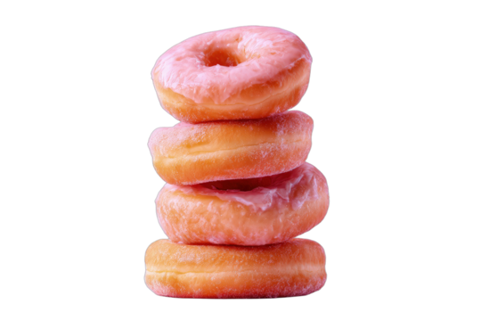 A delightful stack of four ring-shaped donuts with a glossy pink glaze on black