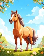 Obraz premium A charming, cartoon-style horse stands in a lush green meadow under a bright blue sky, with blooming flowers