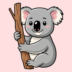 Cute Cartoon Illustration of a Happy Koala Bear Clinging to a Tree Branch