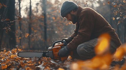 Man in autumn forest with chainsaw with preparing to cut wood in sunlight.