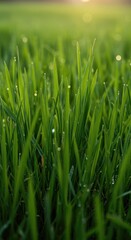 Obraz premium Detailed close-up of vibrant green blades of grass catching morning sunlight, creating a smooth bokeh background, ideal for copy space ,summer ,natural ,shallow depth of field