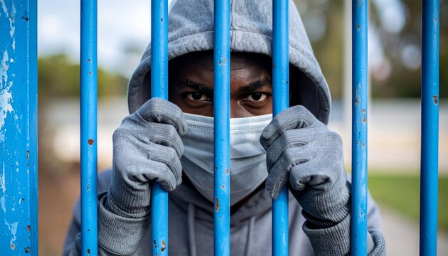 Masked man behind bars Hopeful eyes stare through COVID19 and isolation.