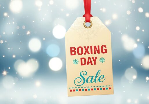 Boxing day sale tag with festive background and falling snow - Powered by Adobe