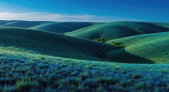 Abstract wide outdoor landscape featuring rolling hills and vibrant grass rendered in swirling fractal patterns and electric neon hues ,texture ,wide ,view