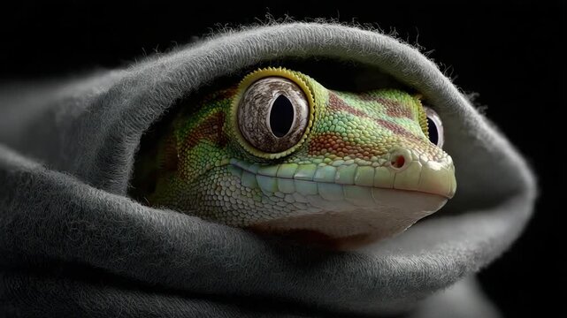 Vivid macro of a gecko peeking out of soft, gray fabric with textured scales and a serene expression