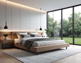 Modern bedroom with large windows overlooking a lush garden