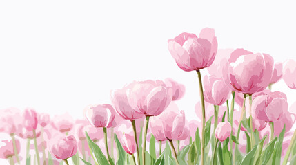 Fototapeta premium 淡いピンクのチューリップが咲き誇る、春の柔らかな日差しを感じさせるベクターイラスト。