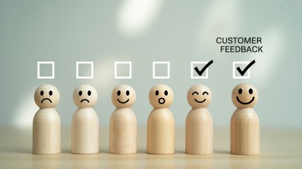 Customer Feedback & Emotional Spectrum: A graphic showcasing wooden figures, each with a unique facial expression, representing the spectrum of customer feedback.