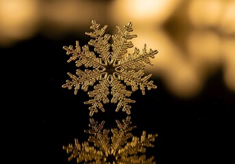 Intricate golden snowflake gleaming, perfectly reflected on a dark surface, illuminated by a warm, blurred bokeh background, creating a magical winter and festive atmosphere