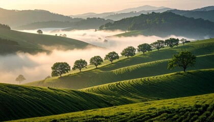 Obraz premium Tuscan sunrise Lush green hills trees bathed in ethereal morning mist.