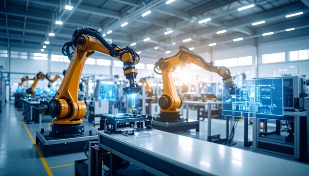 Modern Automated Robotic Arms in Factory  Smart Industrial Manufacturing Concept.