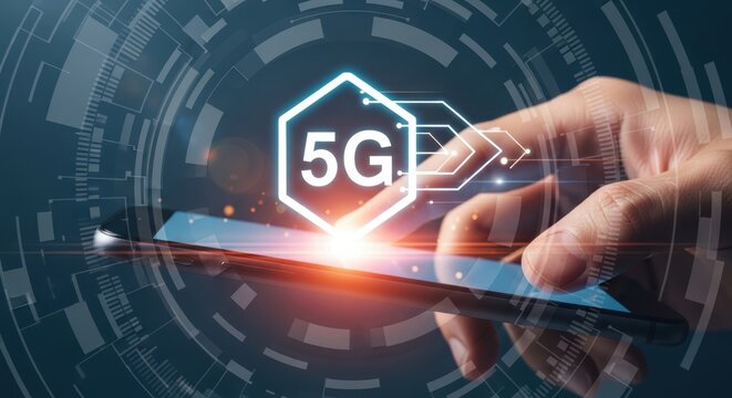 5G Technology Concept: Hand Interacting with Mobile Phone Displaying 5G Network