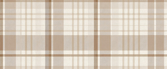 Minimalist digital plaid with prominent dark brown grid lines, filled with subtle light brown and beige rectangles. Textured resembling woven cloth, with warm neutral colors.