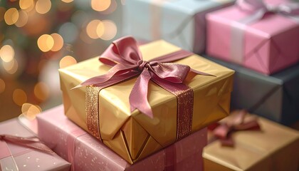 Elegant golden gift box tied with a satin pink bow, part of a stack of festive holiday presents with a warm bokeh light background for the season ofgiving