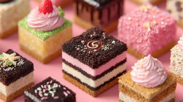 A row of assorted desserts, including cakes and cupcakes, are arranged on a pink background. The desserts are decorated with frosting, sprinkles, and other toppings, creating a colorful