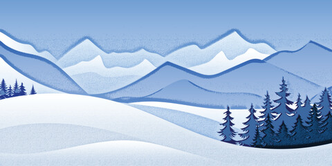 Minimalistic winter landscape, grain effect, snowy peaks and snowdrifts, cartoon nature, vector illustration
