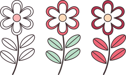 Retro Small Flowers Illustration. Colorful Floral Set for Design Projects. Simple Vintage Flower Pattern Art. Bright Retro Blossoms Collection. Minimal Retro Flower Elements Set. Decorative Colorful