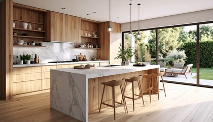 Modern kitchen interior with wood and marble island and lush outdoor view.