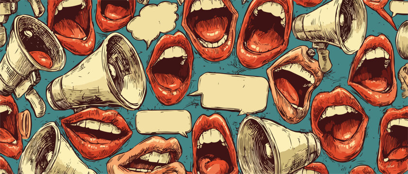 叫び声とメガホン、吹き出しのコラージュベクターイラスト。コミュニケーション、抗議、声明の概念。