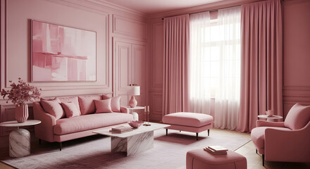 Sophisticated pink color drenching living room interior design featuring contemporary furniture and a serene, monochromatic blush aesthetic, creating a luxurious and harmonious modern space