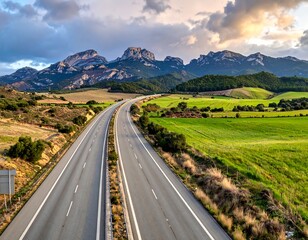 Fototapeta premium An empty highway curving through verdant landscapes towards distant peaks