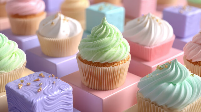 A row of colorful cupcakes with frosting and sprinkles. The cupcakes are arranged in a pattern on a table - Powered by Adobe