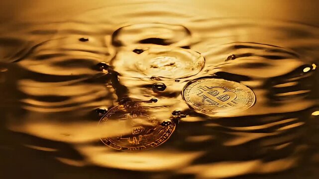 Bitcoin coins dropping into golden liquid, slow-motion ripples and reflections for luxury finance visuals