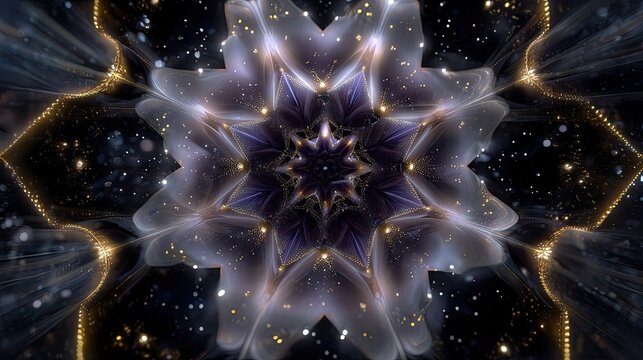 Abstract kaleidoscopic pattern with glowing lights and swirling shapes in cosmic space environment - Powered by Adobe