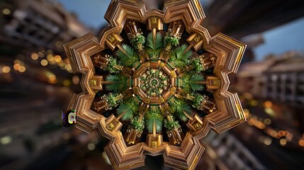 Vibrant Geometric Design with Lush Greenery in a Kaleidoscopic Arrangement of Urban Elements