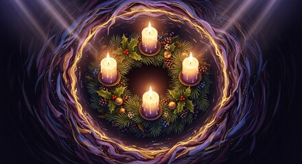 Advent Wreath Candles Glowing for First Sunday of Christmas Tradition & Hopeful Celebration