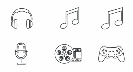 Fototapeta premium Essential line art icons for media and entertainment: Headphones, Musical Notes, Microphone, Film Reel, and Game Controller. Ideal for music streaming apps, gaming platforms, and video production.