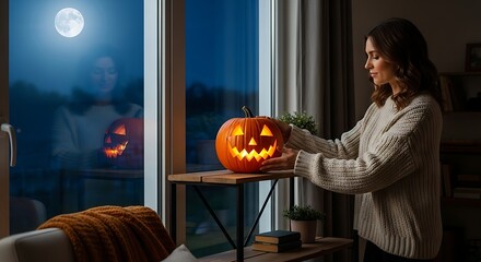 Woman preparing halloween pumpkin decoration in cozy room with moon outside the window at night