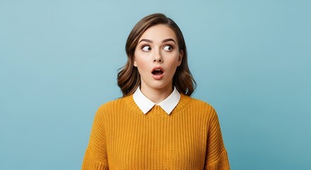 Surprised young woman with open mouth looking sideways against a light blue colored studio background