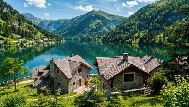 Picturesque alpine village nestled by a serene lake surrounded by lush green mountains on a sunny day