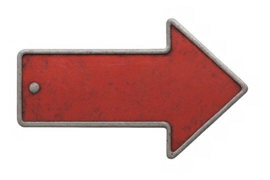 Red rusted metal arrow sign pointing right. Old vintage direction pointer with grunge texture on transparent background